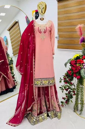 Pink fox georgette embroidered palazzo suit set