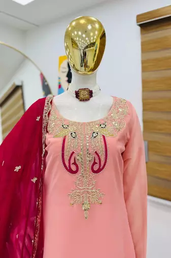 Pink fox georgette embroidered palazzo suit set
