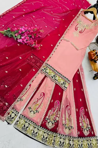 Pink fox georgette embroidered palazzo suit set