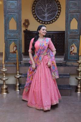 Peach Zari Sequence Embroidery Work Lehenga Choli With Printed Dupatta For Women's 1
