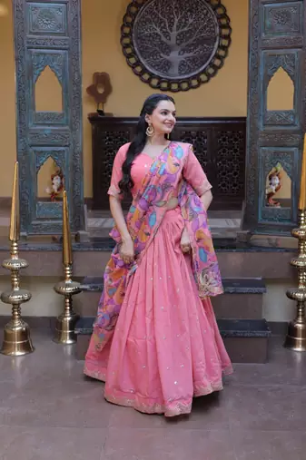 Peach Zari Sequence Embroidery Work Lehenga Choli With Printed Dupatta For Women's