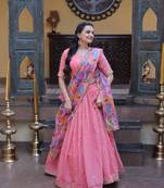 Peach Zari Sequence Embroidery Work Lehenga Choli With Printed Dupatta For Women's
