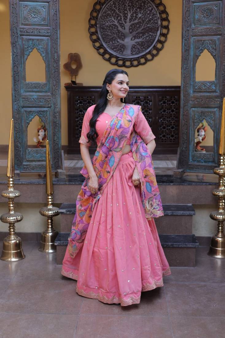 Peach Zari Sequence Embroidery Work Lehenga Choli With Printed Dupatta For Women's