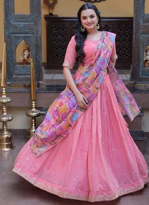 Peach Zari Sequence Embroidery Work Lehenga Choli With Printed Dupatta For Women's 2