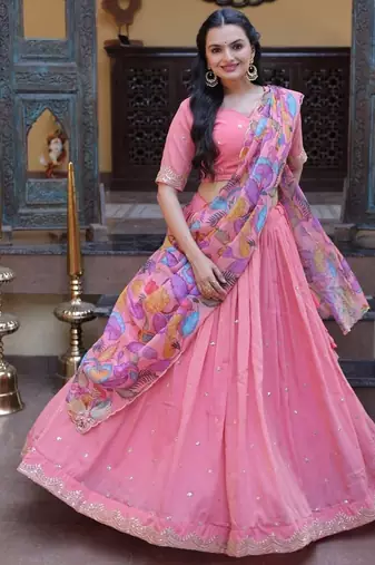 Peach Zari Sequence Embroidery Work Lehenga Choli With Printed Dupatta For Women's