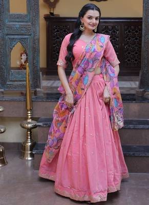 Peach Zari Sequence Embroidery Work Lehenga Choli With Printed Dupatta For Women's 3