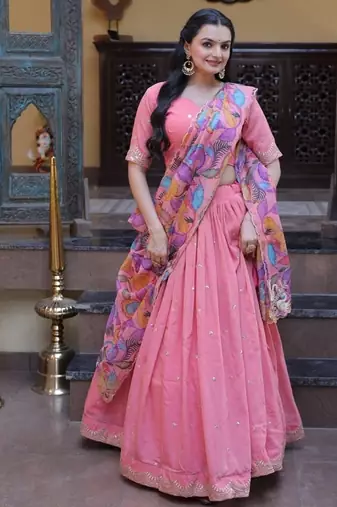 Peach Zari Sequence Embroidery Work Lehenga Choli With Printed Dupatta For Women's