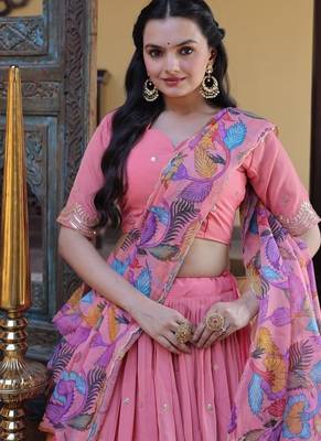 Peach Zari Sequence Embroidery Work Lehenga Choli With Printed Dupatta For Women's 4