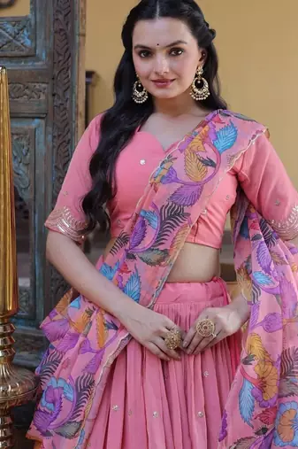 Peach Zari Sequence Embroidery Work Lehenga Choli With Printed Dupatta For Women's