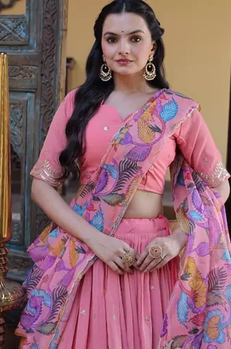 Peach Zari Sequence Embroidery Work Lehenga Choli With Printed Dupatta For Women's
