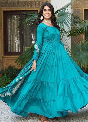 Teal bliue pure vichitra silk embroidered gown with dupatta 1