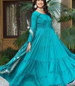 Teal bliue pure vichitra silk embroidered gown with dupatta