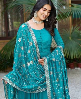 Teal bliue pure vichitra silk embroidered gown with dupatta 2