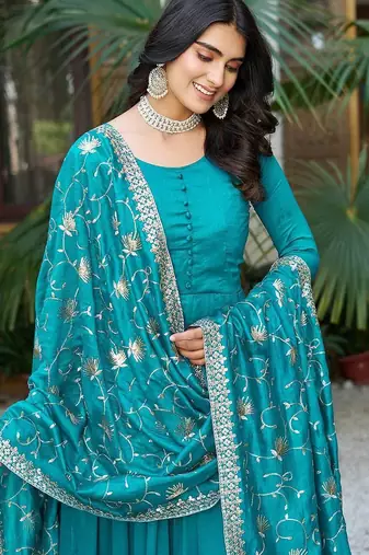 Teal bliue pure vichitra silk embroidered gown with dupatta