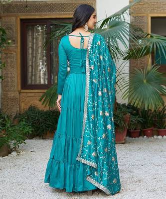 Teal bliue pure vichitra silk embroidered gown with dupatta 3