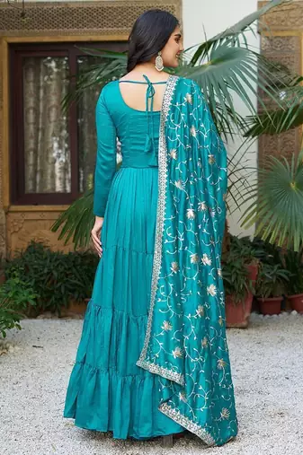 Teal bliue pure vichitra silk embroidered gown with dupatta