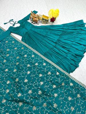 Teal bliue pure vichitra silk embroidered gown with dupatta 4