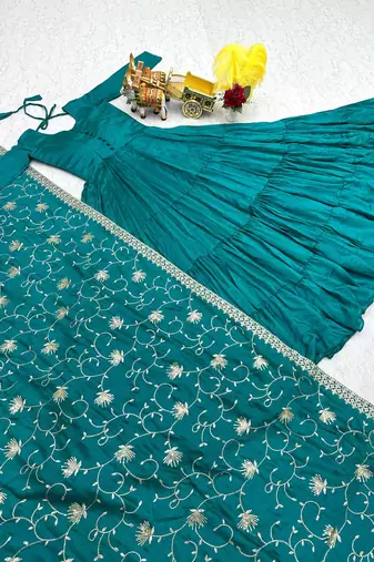 Teal bliue pure vichitra silk embroidered gown with dupatta