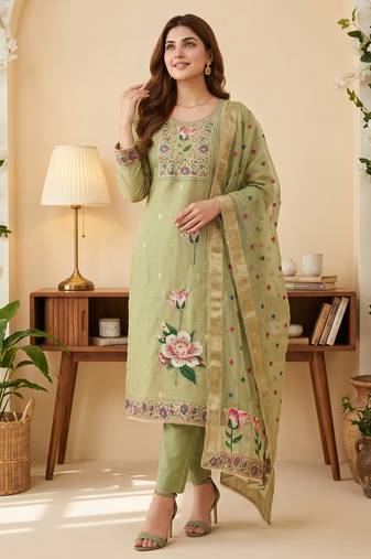 Green colour banarasi cotton suit set