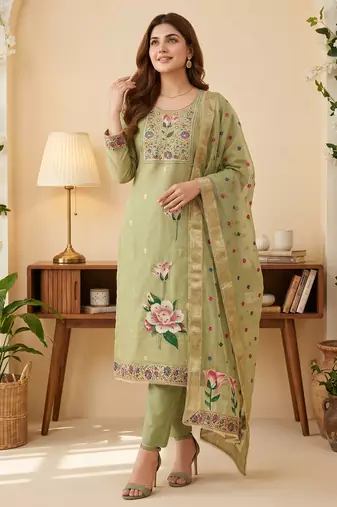 Green colour banarasi cotton suit set