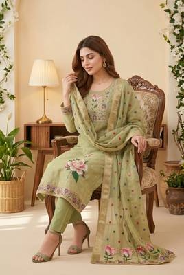 Green colour banarasi cotton suit set 2