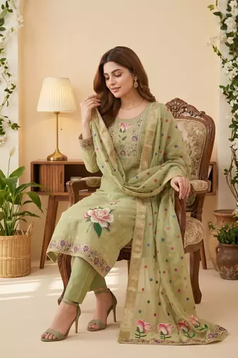 Green colour banarasi cotton suit set