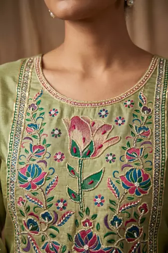 Green colour banarasi cotton suit set