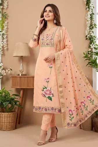 Pink colour banarasi cotton suit set
