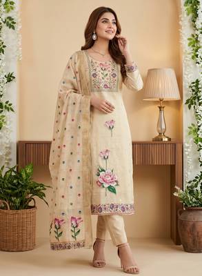 Beige banarasi cotton suit set 1