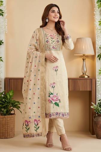 Beige banarasi cotton suit set