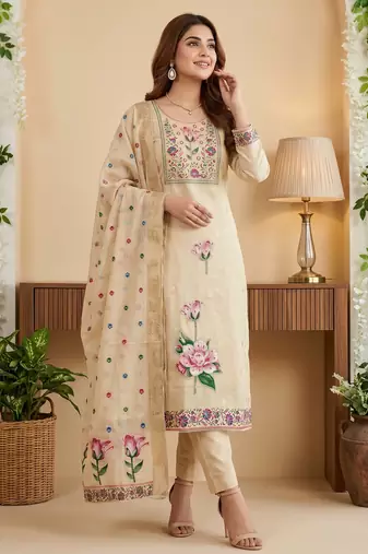Beige colour banarasi cotton suit set