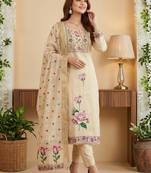 Beige colour banarasi cotton suit set