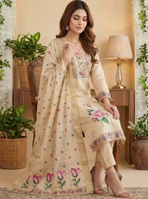 Beige banarasi cotton suit set 2