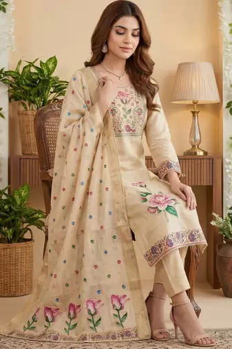 Beige banarasi cotton suit set