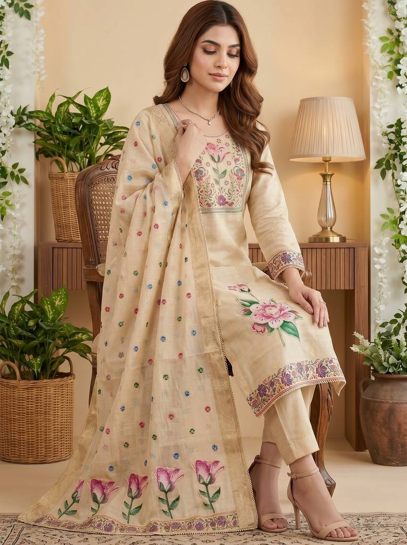 Beige colour banarasi cotton suit set