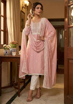 Pink color roman cotton embroidered suit set 1