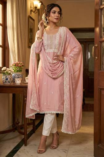 Pink color roman cotton embroidered suit set