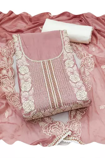 Pink color roman cotton embroidered suit set