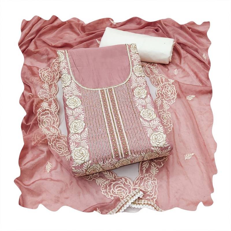 Pink color roman cotton embroidered suit set
