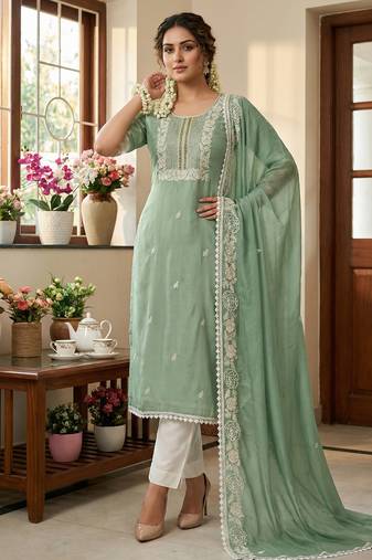 Green color roman cotton embroidered suit set
