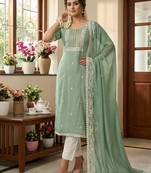 Green color roman cotton embroidered suit set