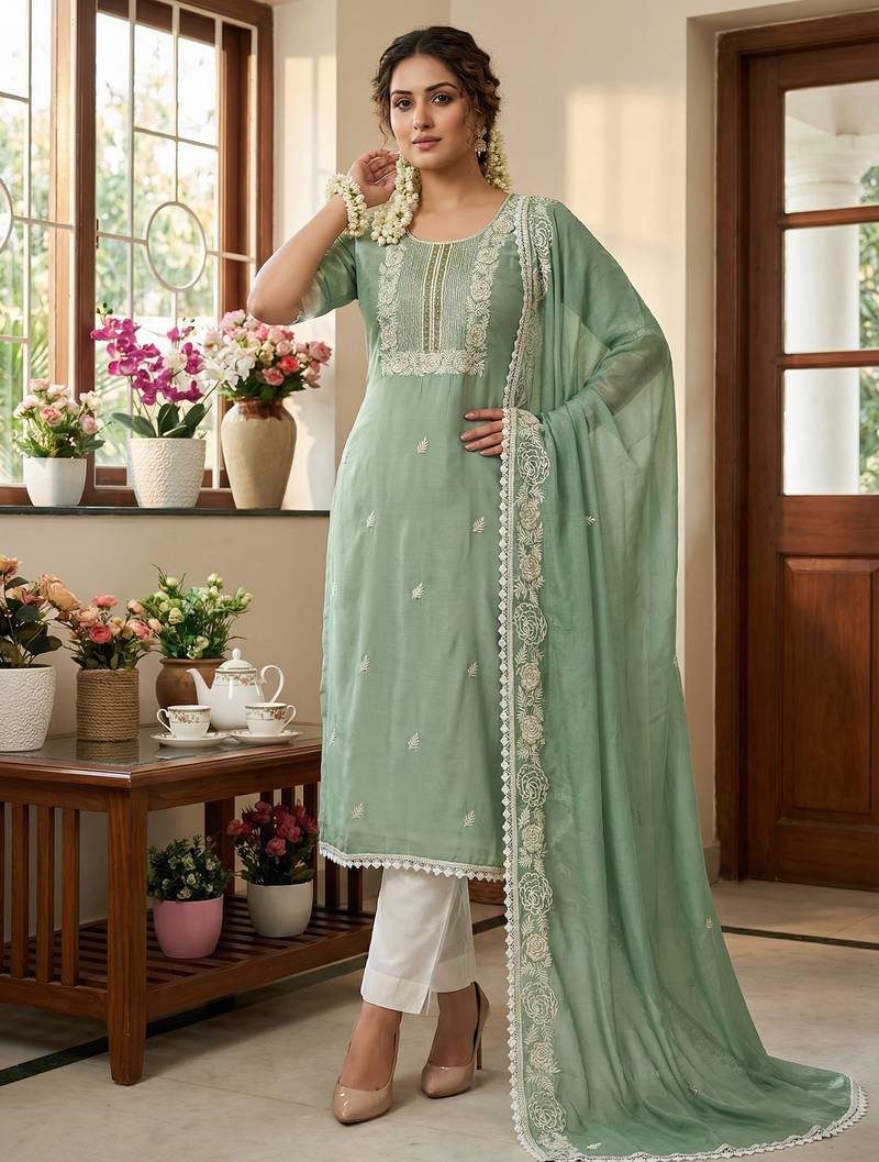 Green color roman cotton embroidered suit set