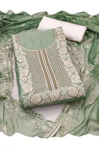 Green color roman cotton embroidered suit set