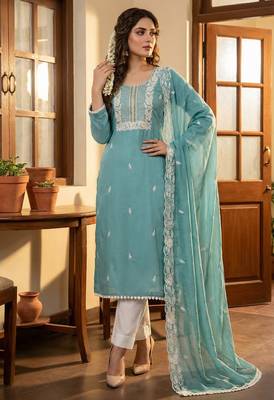 Blue color roman cotton embroidered suit set 1