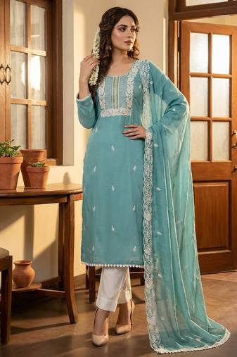 Blue color roman cotton embroidered suit set