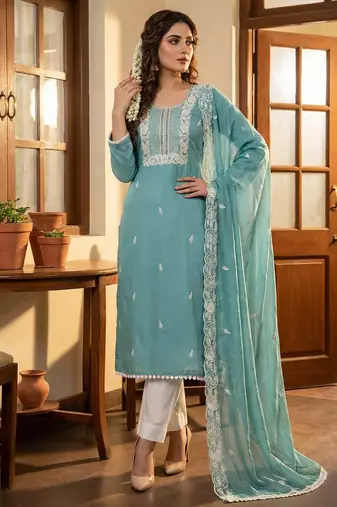 Blue color roman cotton embroidered suit set