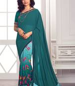 teal blue printed georgette saree with blouse