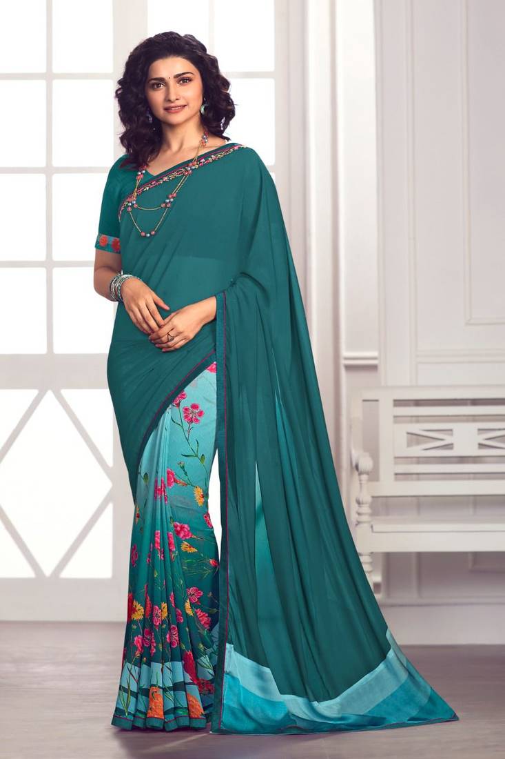 teal blue printed georgette saree with blouse