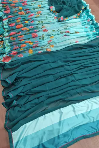 teal blue printed georgette saree with blouse