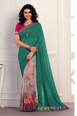 sage green printed georgette saree with blouse 1